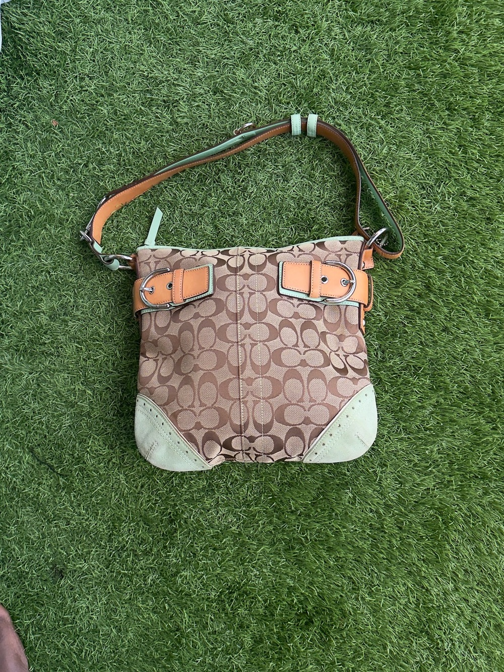 Coach  Tan and Light Green Shoulder Bag